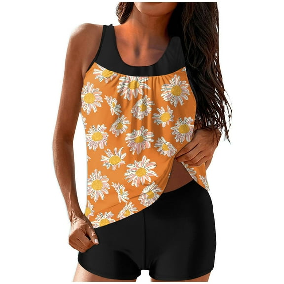Two Piece Women's Tankini Swimsuits Blouson Swim Tank Top With Shorts Modest Bathing Suits B-Orange