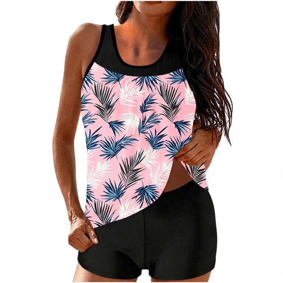 Two Piece Women's Tankini Swimsuits Floral Print Tummy Control Built in Bra Bathing Suits Modest with Shorts Swimwear