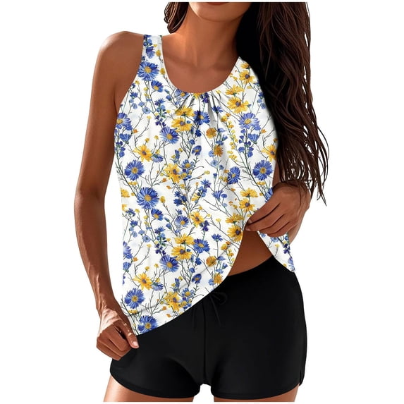 Two Piece Women's Tankini Swimsuits Tribal Print Modest Tummy Control Bathing Suits with Shorts Swimwear