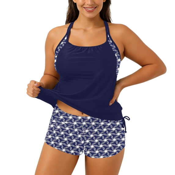 Two Piece Women'sTankini Swimsuits Blouson Swim Tank Top with Strappy Top And Pocketed Swim Bottoms/Dark Blue2/M