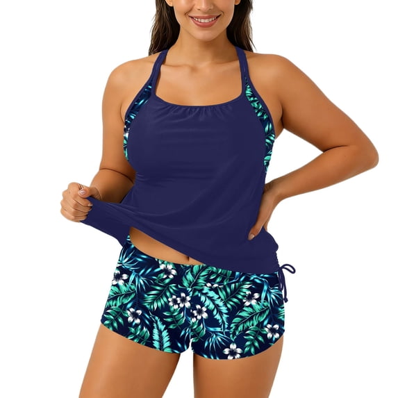 Two Piece Women'sTankini Swimsuits Blouson Swim Tank Top with Strappy Top And Pocketed Swim Bottoms/Dark Blue4/L