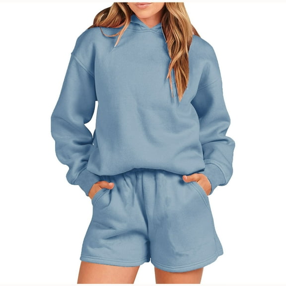Two Piece Womens Casual Loose Long Sleeve 2025 New Hoodie & Shorts Sweatsuit Fleece Pullover Workout Sets With Pockets,Light Blue,2XL