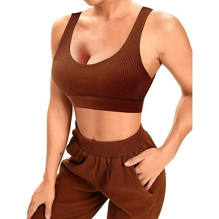 Two Piece Workout Outfits for Women Jogger Sweatpants Sets with Pockets  Ribbed Sports Bra Gym Activewear (Brown,XX-Large)
