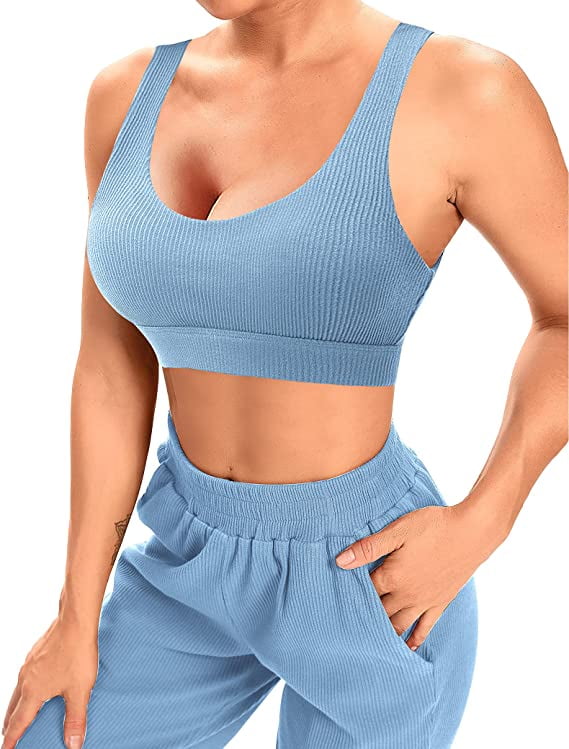 Two Piece Workout Outfits for Women Jogger Sweatpants Sets with Pockets  Ribbed Sports Bra Gym Activewear (Turquoise,X-Large)
