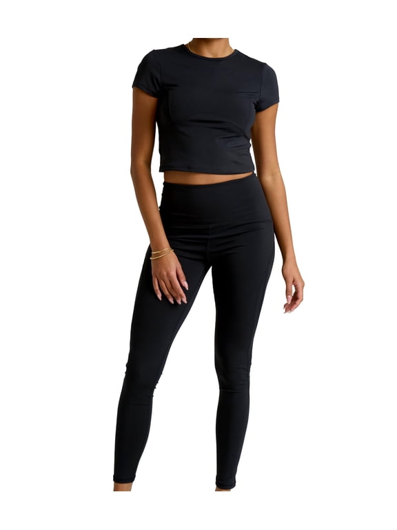 Two Piece Workout Set for Women High Waist Leggings and Short Sleeve Athletic Tops Matching Pilates Gym Sets Yoga Outfits