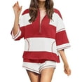 thumbnail image 1 of Two Piece Workout Sets for Women Summer Outfits Striped Quarter Zip Matching Lounge Set Going Out Top and Shorts, 1 of 8