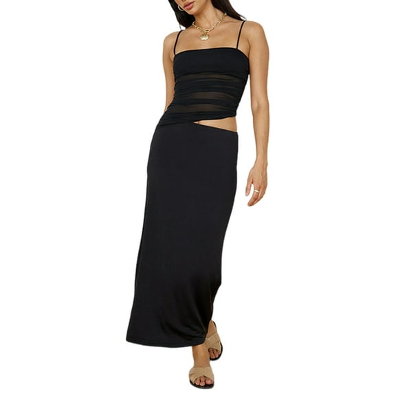 Two Piece for Women - Summer Vacation Outfits Sleeveless Asymmetrical Mesh Tank Crop Top Maxi Long Skirts Black L