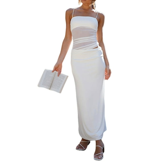 Two Piece for Women - Summer Vacation Outfits Sleeveless Asymmetrical Mesh Tank Crop Top Maxi Long Skirts White S