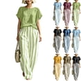 thumbnail image 1 of Two Piece of Workouts Outfits Plus Size Round Neck Short Sleeve Pinstripe Pocket Elastic Waist Long Pants Sets, 1 of 7