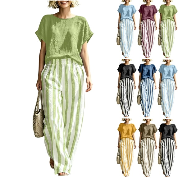 Two Piece of Workouts Outfits Plus Size Round Neck Short Sleeve Pinstripe Pocket Elastic Waist Long Pants Sets