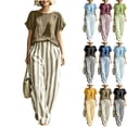 thumbnail image 1 of Two Piece of Workouts Outfits Plus Size Round Neck Short Sleeve Pinstripe Pocket Elastic Waist Long Pants Sets, 1 of 7