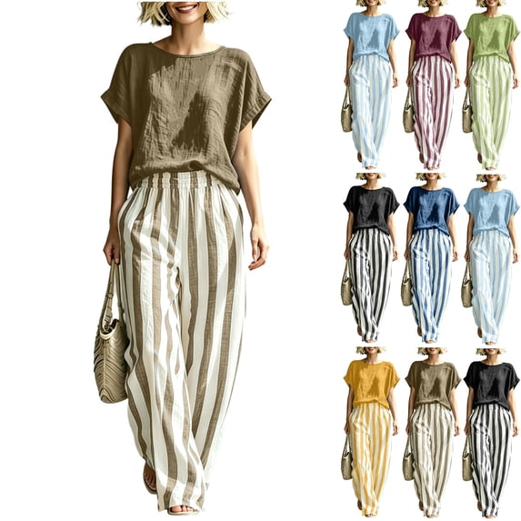 Two Piece of Workouts Outfits Plus Size Round Neck Short Sleeve Pinstripe Pocket Elastic Waist Long Pants Sets