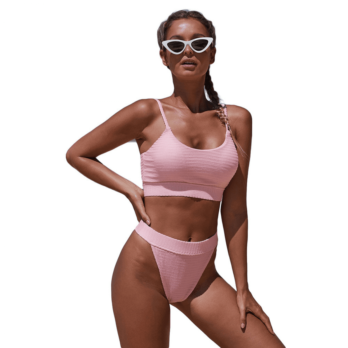 Two-Tone Scoop Neck Long Sleeve Crop High-Waisted Bikini Set - White