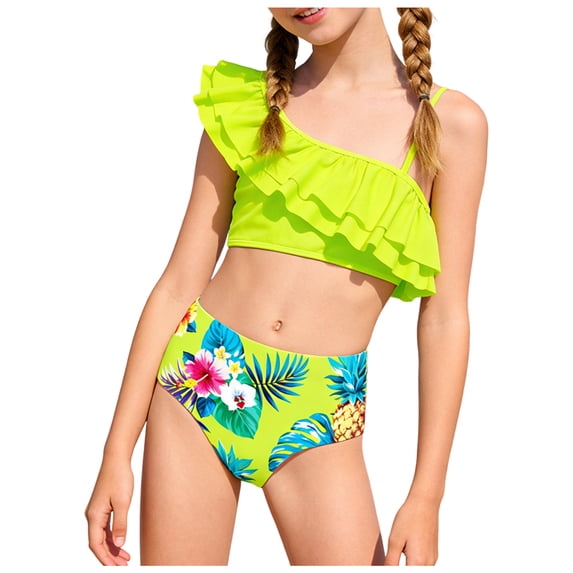 Two-Pieces Girls Swimsuit Floral Printed Bikini Sets Ruffle Girls Bathing Suit