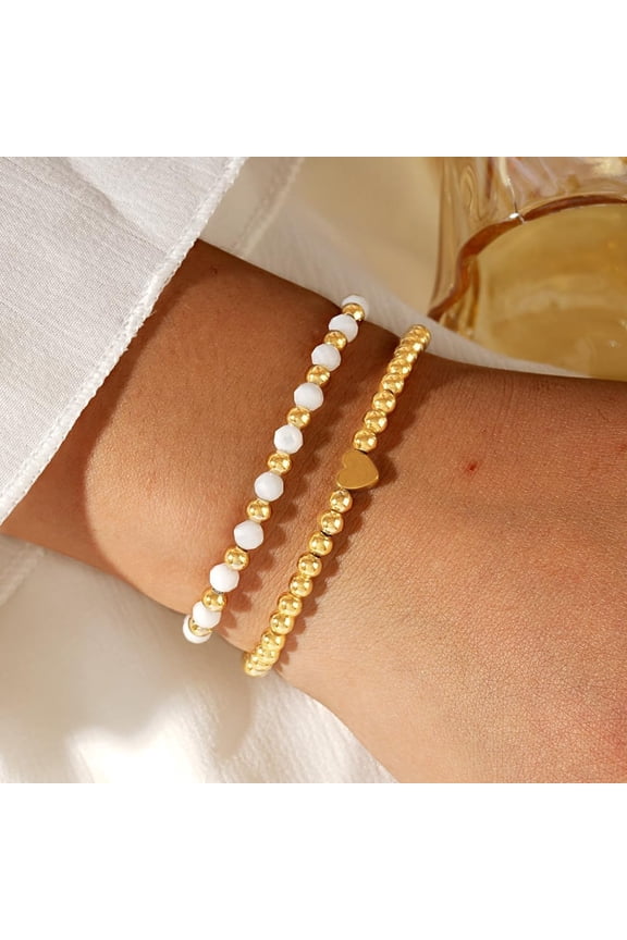 Two Pieces Gold Beaded Ceramic White Peach Heart Iron Pyrite Stone Bracelet Set DIY