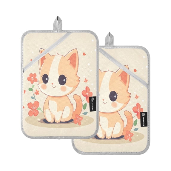 Two Pieces Of Square Heat Insulation Pad Oven Mitts 7x9.8 Inch Oven Microwave Kitchen Cooking Baking A Cartoon Orange Cat
