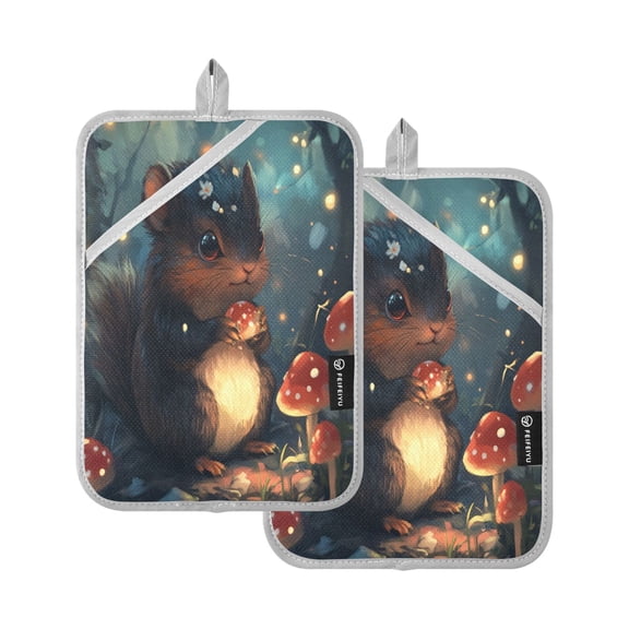 Two Pieces Of Square Heat Insulation Pad Oven Mitts 7x9.8 Inch Oven Microwave Kitchen Cooking Baking A Cartoon Squirrel