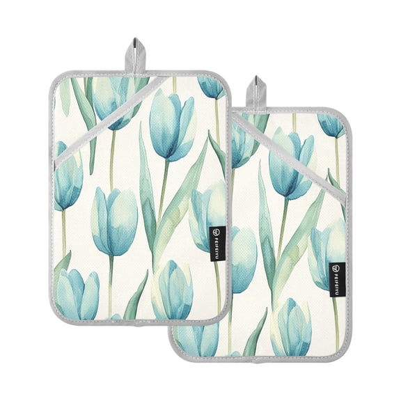 Two Pieces Of Square Heat Insulation Pad Oven Mitts 7x9.8 Inch Oven Microwave Kitchen Cooking Baking Beautiful Blue Tulips