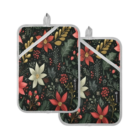 Two Pieces Of Square Heat Insulation Pad Oven Mitts 7x9.8 Inch Oven Microwave Kitchen Cooking Baking Beautiful Christmas Flowers