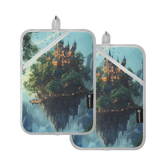 Two Pieces Of Square Heat Insulation Pad Oven Mitts 7x9.8 Inch Oven Microwave Kitchen Cooking Baking Beautiful Magic Castle