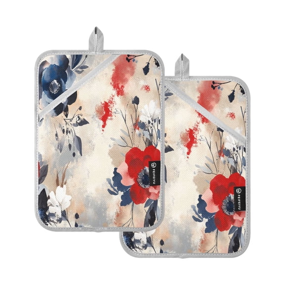 Two Pieces Of Square Heat Insulation Pad Oven Mitts 7x9.8 Inch Oven Microwave Kitchen Cooking Baking Beautiful Red and Blue Flowers