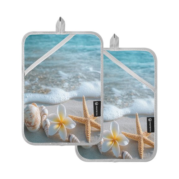 Two Pieces Of Square Heat Insulation Pad Oven Mitts 7x9.8 Inch Oven Microwave Kitchen Cooking Baking Beautiful Sea Shell