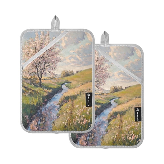 Two Pieces Of Square Heat Insulation Pad Oven Mitts 7x9.8 Inch Oven Microwave Kitchen Cooking Baking Beautiful Spring Scenery