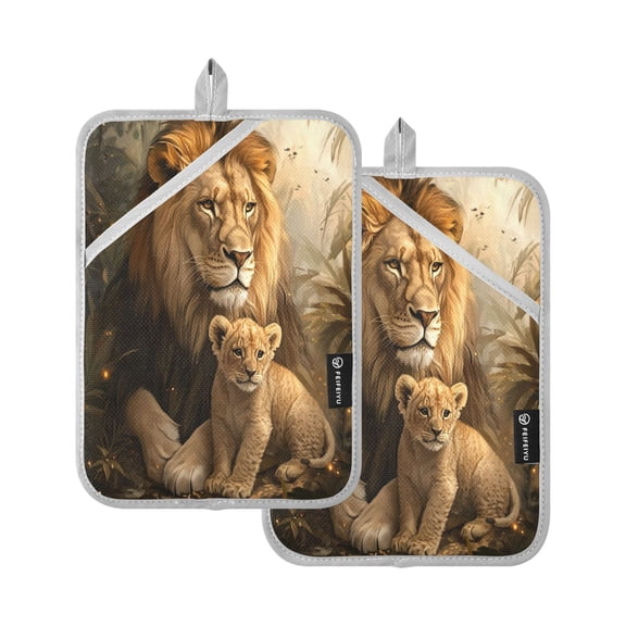Two Pieces Of Square Heat Insulation Pad Oven Mitts 7x9.8 Inch Oven Microwave Kitchen Cooking Baking Beautiful Yellow Lions