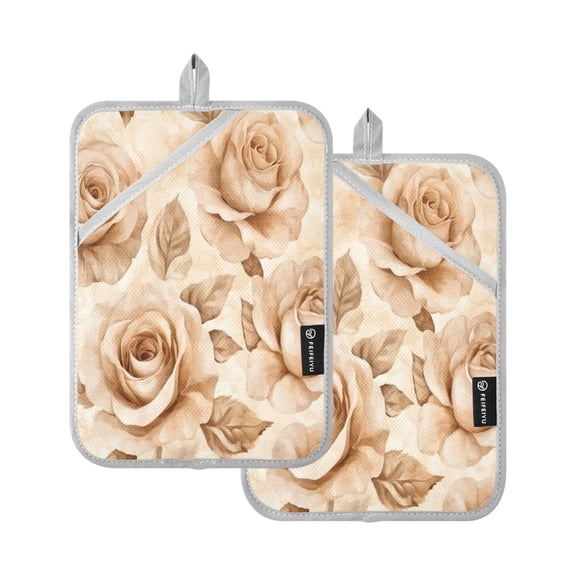 Two Pieces Of Square Heat Insulation Pad Oven Mitts 7x9.8 Inch Oven Microwave Kitchen Cooking Baking Beige Roses