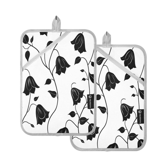 Two Pieces Of Square Heat Insulation Pad Oven Mitts 7x9.8 Inch Oven Microwave Kitchen Cooking Baking Black Flower