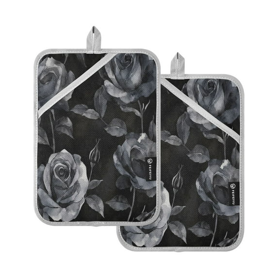 Two Pieces Of Square Heat Insulation Pad Oven Mitts 7x9.8 Inch Oven Microwave Kitchen Cooking Baking Black Roses Seamless