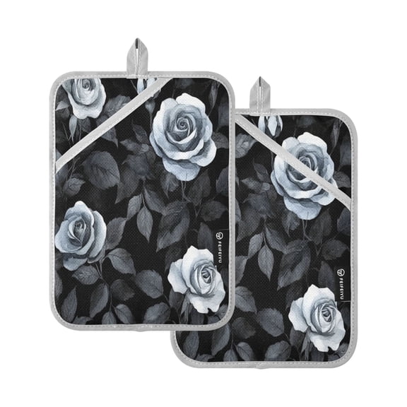 Two Pieces Of Square Heat Insulation Pad Oven Mitts 7x9.8 Inch Oven Microwave Kitchen Cooking Baking Black Roses