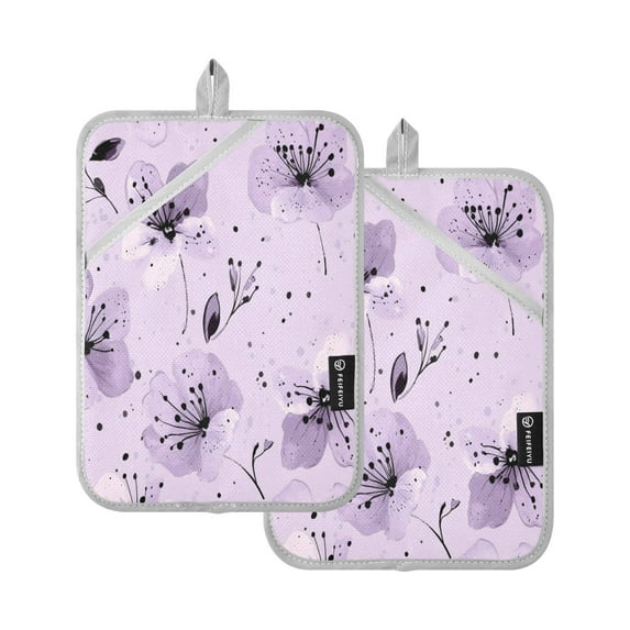 Two Pieces Of Square Heat Insulation Pad Oven Mitts 7x9.8 Inch Oven Microwave Kitchen Cooking Baking Blooming Purple Flower