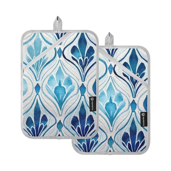 Two Pieces Of Square Heat Insulation Pad Oven Mitts 7x9.8 Inch Oven Microwave Kitchen Cooking Baking Blue Beautiful Pattern