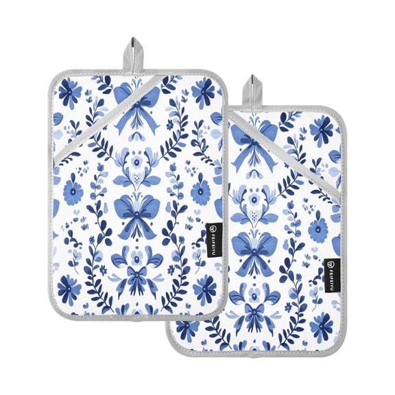 Two Pieces Of Square Heat Insulation Pad Oven Mitts 7x9.8 Inch Oven Microwave Kitchen Cooking Baking Blue Bow