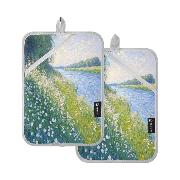 Two Pieces Of Square Heat Insulation Pad Oven Mitts 7x9.8 Inch Oven Microwave Kitchen Cooking Baking Blue Lake