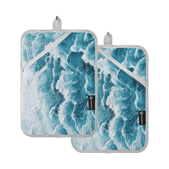 Two Pieces Of Square Heat Insulation Pad Oven Mitts 7x9.8 Inch Oven Microwave Kitchen Cooking Baking Blue Ocean Pattern