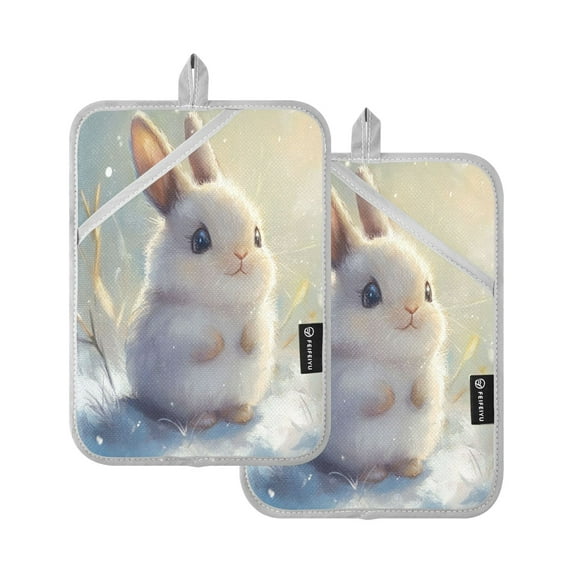 Two Pieces Of Square Heat Insulation Pad Oven Mitts 7x9.8 Inch Oven Microwave Kitchen Cooking Baking Cartoon Beautiful Gray Rabbit
