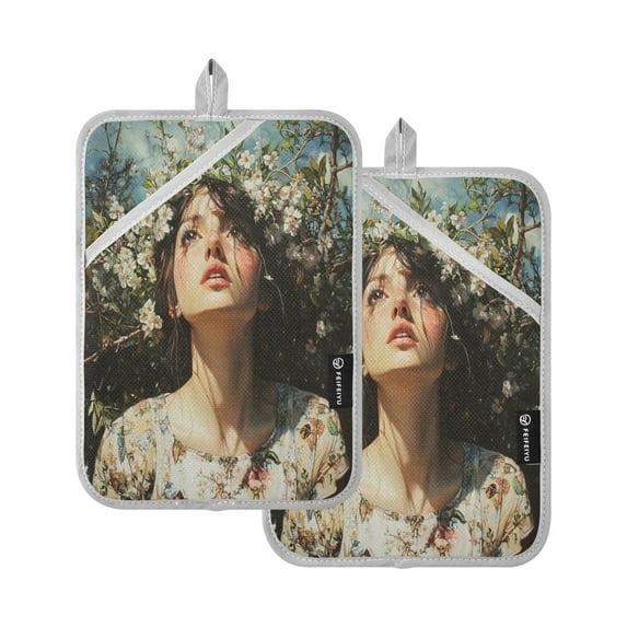 Two Pieces Of Square Heat Insulation Pad Oven Mitts 7x9.8 Inch Oven Microwave Kitchen Cooking Baking Cartoon Beautiful Woman