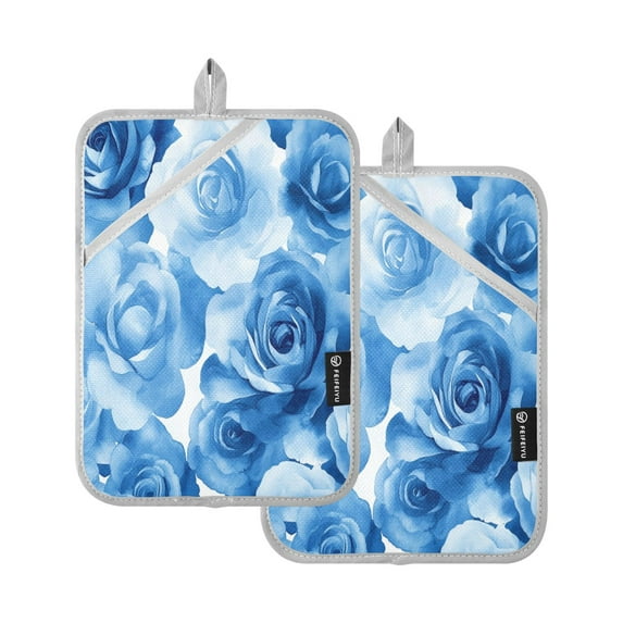 Two Pieces Of Square Heat Insulation Pad Oven Mitts 7x9.8 Inch Oven Microwave Kitchen Cooking Baking Cartoon Blue Roses Seamless