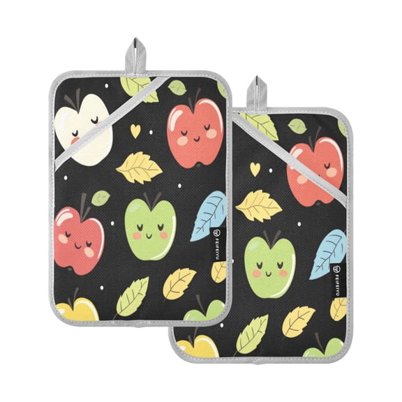 Two Pieces Of Square Heat Insulation Pad Oven Mitts 7x9.8 Inch Oven Microwave Kitchen Cooking Baking Cartoon Closed Eyes Apple