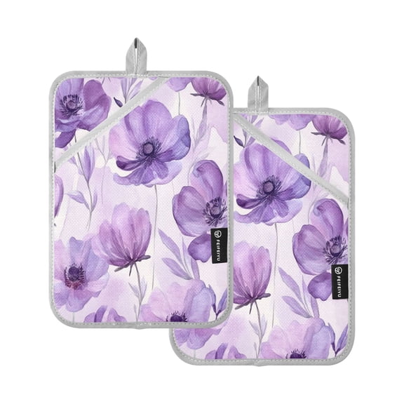 Two Pieces Of Square Heat Insulation Pad Oven Mitts 7x9.8 Inch Oven Microwave Kitchen Cooking Baking Cartoon Lavender Flowers Seamless
