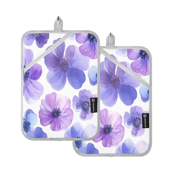Two Pieces Of Square Heat Insulation Pad Oven Mitts 7x9.8 Inch Oven Microwave Kitchen Cooking Baking Cartoon Lavender Flowers