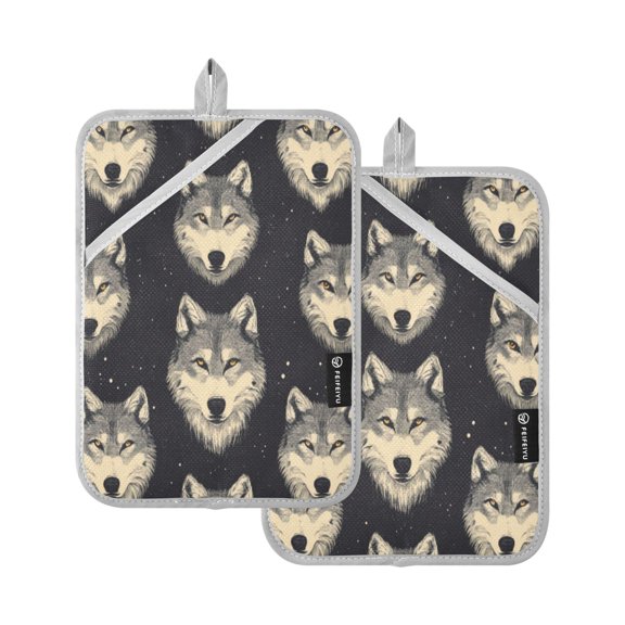 Two Pieces Of Square Heat Insulation Pad Oven Mitts 7x9.8 Inch Oven Microwave Kitchen Cooking Baking Cartoon Wolf Face Seamless