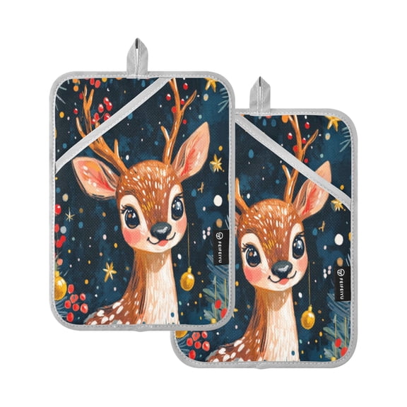 Two Pieces Of Square Heat Insulation Pad Oven Mitts 7x9.8 Inch Oven Microwave Kitchen Cooking Baking Christmas Deer with Big Eyes