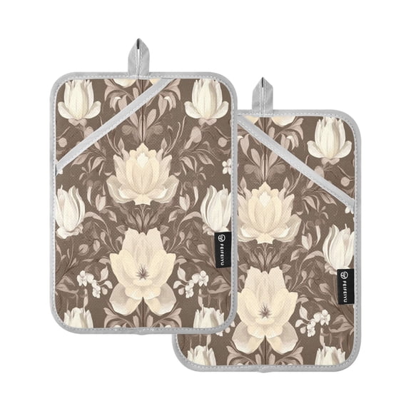 Two Pieces Of Square Heat Insulation Pad Oven Mitts 7x9.8 Inch Oven Microwave Kitchen Cooking Baking Colorful Brown Flower