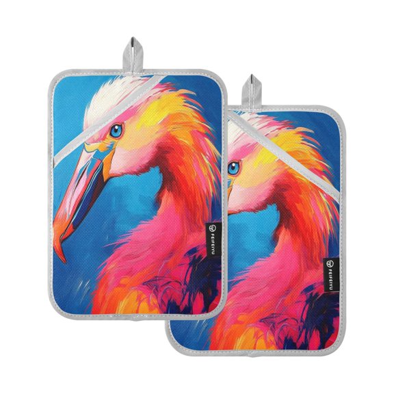 Two Pieces Of Square Heat Insulation Pad Oven Mitts 7x9.8 Inch Oven Microwave Kitchen Cooking Baking Colorful Flamingos
