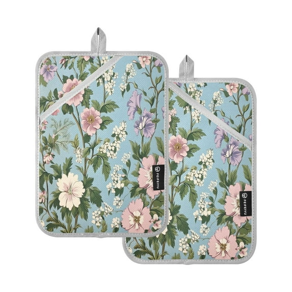 Two Pieces Of Square Heat Insulation Pad Oven Mitts 7x9.8 Inch Oven Microwave Kitchen Cooking Baking Colorful Pink Flower