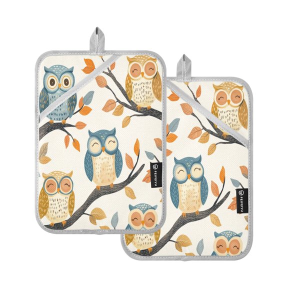 Two Pieces Of Square Heat Insulation Pad Oven Mitts 7x9.8 Inch Oven Microwave Kitchen Cooking Baking Colorful Smiling Owl