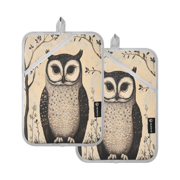 Two Pieces Of Square Heat Insulation Pad Oven Mitts 7x9.8 Inch Oven Microwave Kitchen Cooking Baking Cool Black Owl